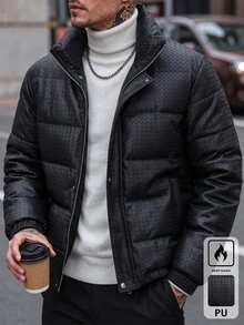 Manfinity CasualCool 男士長袖 PU 皮革加厚夾克，保暖冬季休閒街頭風通勤度假夜店風黑色 - 黑色 - 查看 7