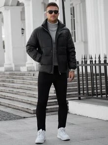 Manfinity CasualCool 男士長袖 PU 皮革加厚夾克，保暖冬季休閒街頭風通勤度假夜店風黑色 - 黑色 - 查看 5