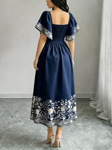 Modelyn Floral Plant Print Fashion Square Neck Big Cap Sleeve Dress, Summer Waist-Cinched Mid-Length Skirt, Floral Pattern Burgundy Long Dress - Multicolor - View 2