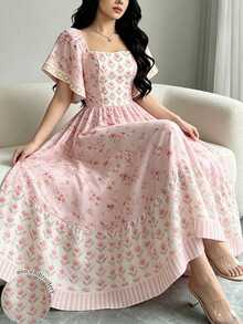Modelyn Vestido Floral Feminino com Estampa de Tulipa & Ramo Floral, Vestido de Moda Feminina com Decote Quadrado e Manga Curta, Design de Babado na Barra, Vestido Rosa com Padrão Floral, Vestido Estilo Férias de Verão - Multicolorido - Visão 3
