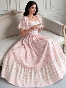 Modelyn Vestido Floral Feminino com Estampa de Tulipa & Ramo Floral, Vestido de Moda Feminina com Decote Quadrado e Manga Curta, Design de Babado na Barra, Vestido Rosa com Padrão Floral, Vestido Estilo Férias de Verão - Multicolorido - Visão 1