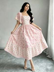 Modelyn Vestido Floral Feminino com Estampa de Tulipa & Ramo Floral, Vestido de Moda Feminina com Decote Quadrado e Manga Curta, Design de Babado na Barra, Vestido Rosa com Padrão Floral, Vestido Estilo Férias de Verão - Multicolorido - Visão 4