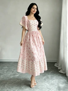 Modelyn Vestido Floral Feminino com Estampa de Tulipa & Ramo Floral, Vestido de Moda Feminina com Decote Quadrado e Manga Curta, Design de Babado na Barra, Vestido Rosa com Padrão Floral, Vestido Estilo Férias de Verão - Multicolorido - Visão 5