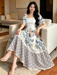 Seusyu 女款花卉印花方領短泡泡袖優雅中長洋裝 - 彩色 - 查看 1