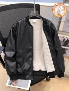 SHEIN 兒童青少年男孩秋冬黑白PU賽車夾克，保暖內裡街頭風寬鬆畢業騎行外套 - 彩色 - 查看 3
