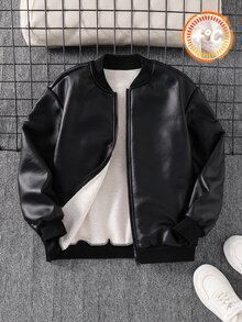 SHEIN 兒童青少年男孩秋冬黑白PU賽車夾克，保暖內裡街頭風寬鬆畢業騎行外套 - 彩色 - 查看 1