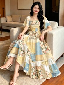 Modelyn 女款優雅復古花卉拼接印花洋裝，時尚方領短袖洋裝，荷葉邊下擺設計，波希米亞風女裝，夏季日常與外出穿著 - 彩色 - 查看 1