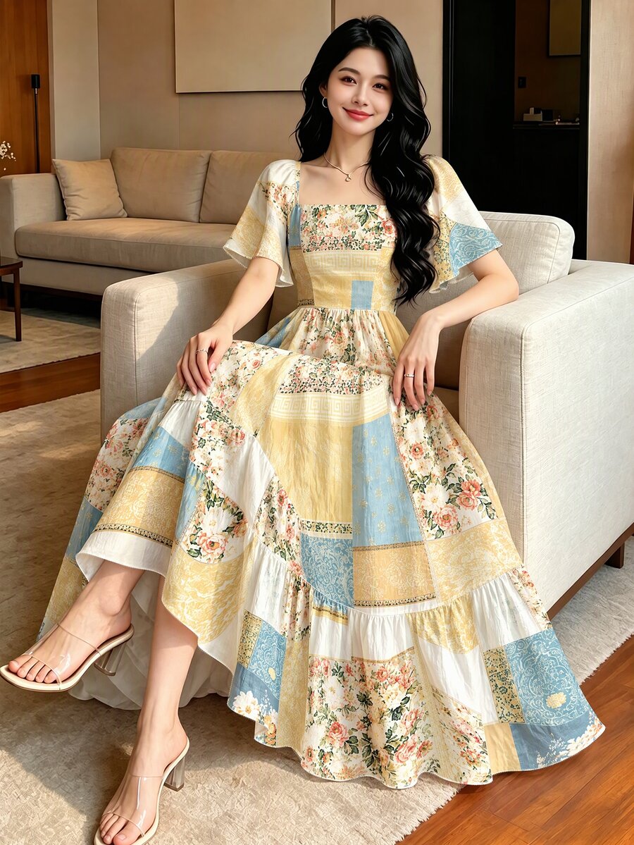 Modelyn 女款優雅復古花卉拼接印花洋裝,時尚方領短袖洋裝,荷葉邊下擺設計,波希米亞風女裝,夏季日常與外出穿著 - 彩色 - 查看 1