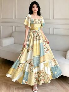 Modelyn 女款優雅復古花卉拼接印花洋裝，時尚方領短袖洋裝，荷葉邊下擺設計，波希米亞風女裝，夏季日常與外出穿著 - 彩色 - 查看 5