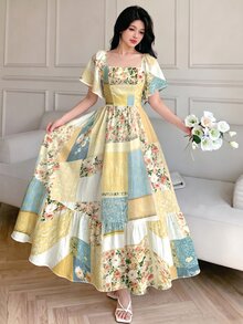 Modelyn 女款優雅復古花卉拼接印花洋裝，時尚方領短袖洋裝，荷葉邊下擺設計，波希米亞風女裝，夏季日常與外出穿著 - 彩色 - 查看 6