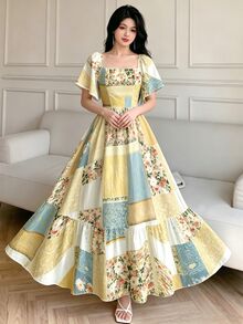 Modelyn 女款優雅復古花卉拼接印花洋裝，時尚方領短袖洋裝，荷葉邊下擺設計，波希米亞風女裝，夏季日常與外出穿著 - 彩色 - 查看 7