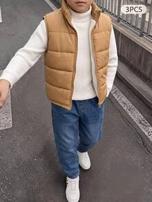 SHEIN 3件組兒童青少年男孩秋冬休閒卡其色刷毛背心外套、T恤與牛仔褲套裝，外套套裝，男孩套裝，秋冬套裝，運動套裝 - 彩色 - 查看 4