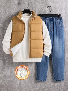 SHEIN 3件組兒童青少年男孩秋冬休閒卡其色刷毛背心外套、T恤與牛仔褲套裝，外套套裝，男孩套裝，秋冬套裝，運動套裝 - 彩色 - 查看 1