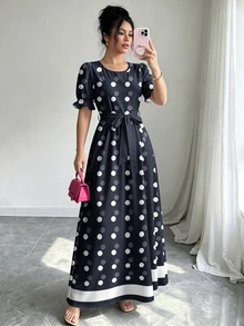 Modelyn 復古海軍藍與白色波點女款長洋裝，秋冬/夏季時尚圓領泡泡袖荷葉邊袖口腰部繫帶收腰 A 字大裙擺，適合休閒日常街頭穿著 - 彩色 - 查看 5