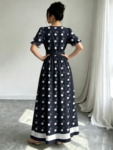 Modelyn 復古海軍藍與白色波點女款長洋裝，秋冬/夏季時尚圓領泡泡袖荷葉邊袖口腰部繫帶收腰 A 字大裙擺，適合休閒日常街頭穿著 - 彩色 - 查看 2