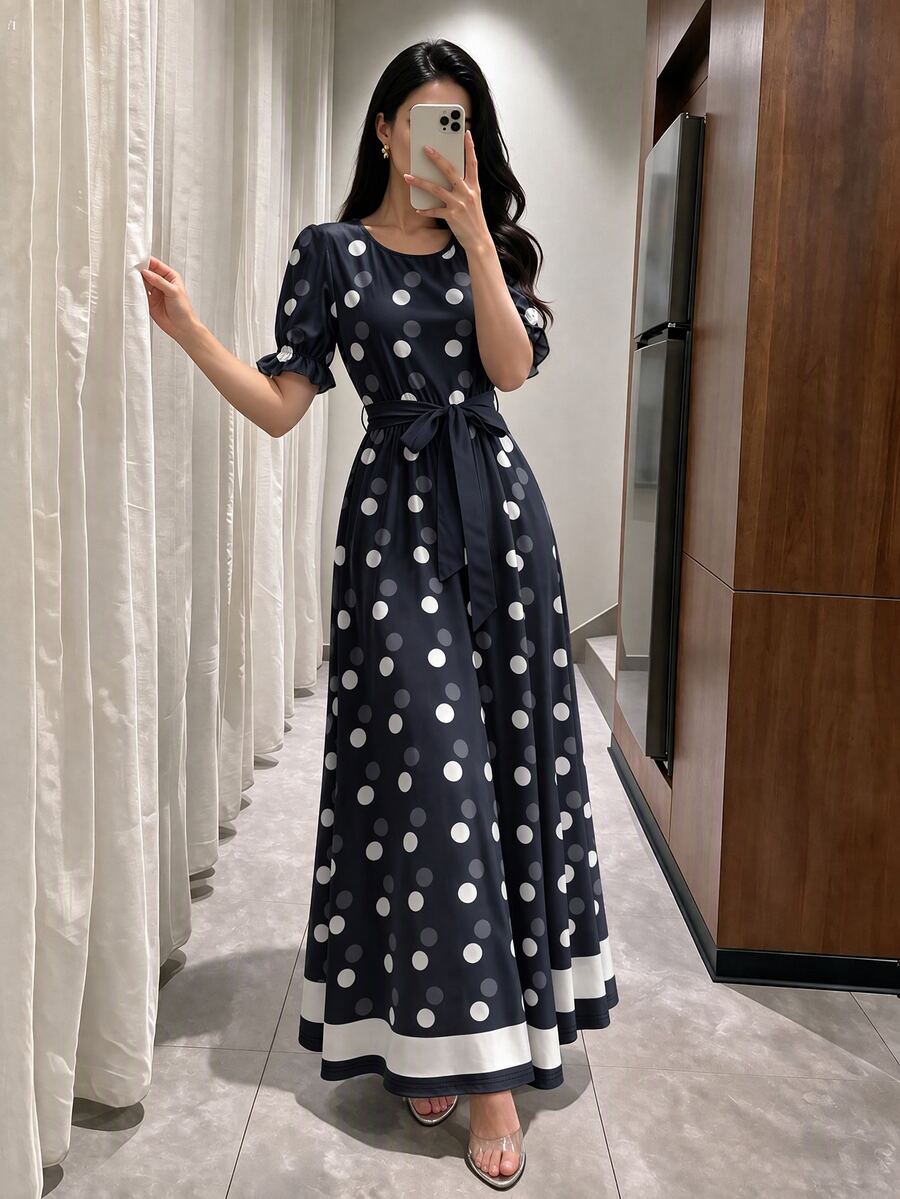 Modelyn 復古海軍藍與白色波點女款長洋裝,秋冬/夏季時尚圓領泡泡袖荷葉邊袖口腰部繫帶收腰 A 字大裙擺,適合休閒日常街頭穿著 - 彩色 - 查看 1