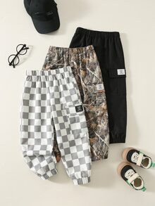 SHEIN 3pcs/Set Kids Boys' Loose Woven Long Autumn Winter Pants,Summer Back-To-School Casual Pocket Printed & Solid Pattern Comfortable Sports School - Grey - View 1