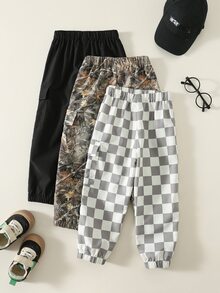 SHEIN 3pcs/Set Kids Boys' Loose Woven Long Autumn Winter Pants,Summer Back-To-School Casual Pocket Printed & Solid Pattern Comfortable Sports School - Grey - View 2