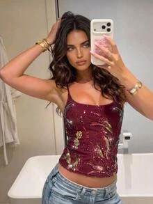 Aloruh 女款亮片外出上衣 百搭日常穿搭細肩帶背心 秋季服飾 新年穿搭酒紅色亮片上衣 派對穿搭 - 酒紅色 - 查看 4