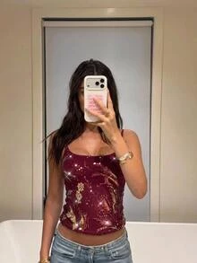 Aloruh 女款亮片外出上衣 百搭日常穿搭細肩帶背心 秋季服飾 新年穿搭酒紅色亮片上衣 派對穿搭 - 酒紅色 - 查看 8