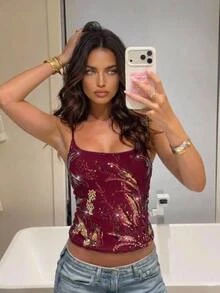 Aloruh 女款亮片外出上衣 百搭日常穿搭細肩帶背心 秋季服飾 新年穿搭酒紅色亮片上衣 派對穿搭 - 酒紅色 - 查看 9