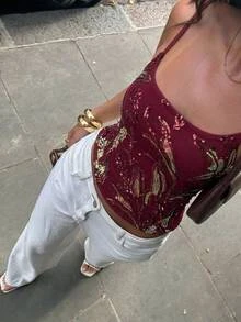 Aloruh 女款亮片外出上衣 百搭日常穿搭細肩帶背心 秋季服飾 新年穿搭酒紅色亮片上衣 派對穿搭 - 酒紅色 - 查看 6