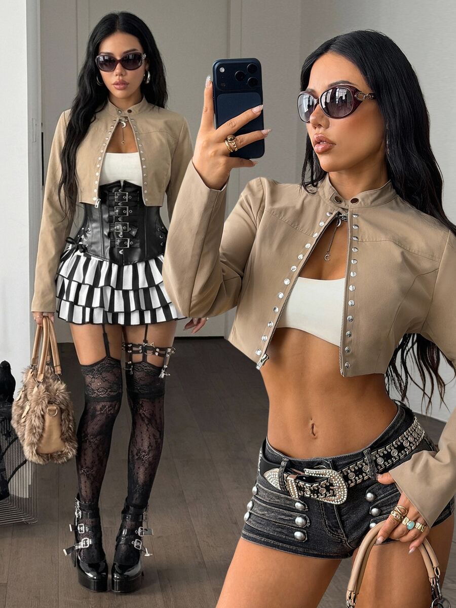 Coolane Women's Winter Streetwear Going Out Sexy Party Y2K Diamond Pattern Cropped Zip-Up Rivet Long Sleeve Jacket,Khaki Bomber Jacket,Halloween Outfits - Khaki - View 1