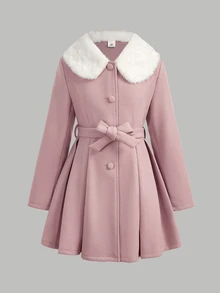 SHEIN Pitira Tween Girls Elegant Pink Kids Fur Collar Mid-Length Overcoat, Autumn/Winter, Back To School Season, Thickened Winter Jacket - Pink - View 3
