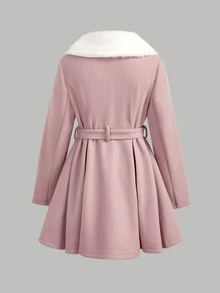 SHEIN Pitira Tween Girls Elegant Pink Kids Fur Collar Mid-Length Overcoat, Autumn/Winter, Back To School Season, Thickened Winter Jacket - Pink - View 2