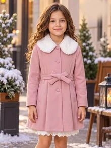 SHEIN Pitira Tween Girls Elegant Pink Kids Fur Collar Mid-Length Overcoat, Autumn/Winter, Back To School Season, Thickened Winter Jacket - Pink - View 1
