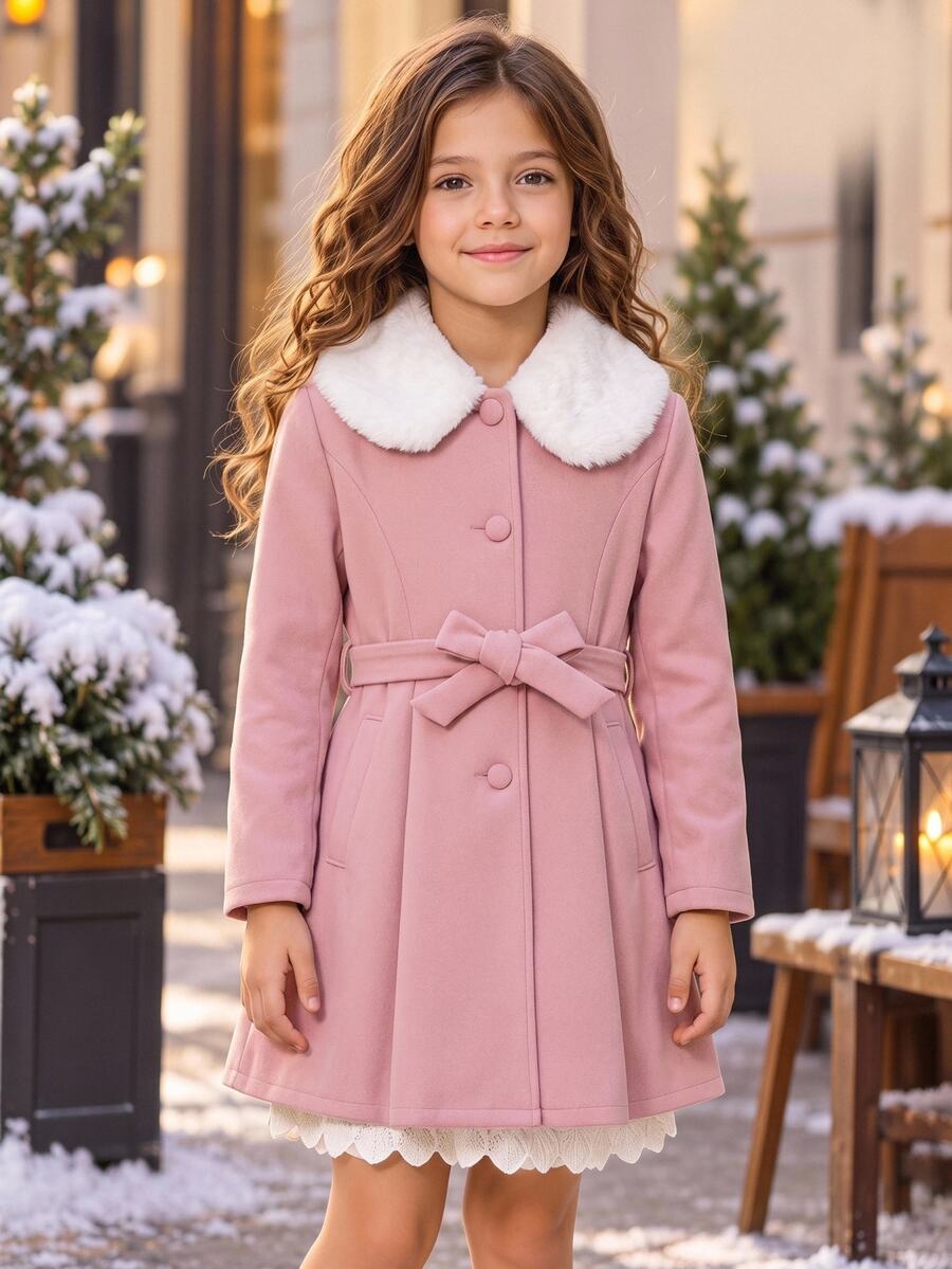 SHEIN Pitira Tween Girls Elegant Pink Kids Fur Collar Mid-Length Overcoat, Autumn/Winter, Back To School Season, Thickened Winter Jacket - Pink - View 1