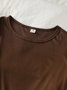 極簡咖啡色長袖羅紋上衣搭配格紋長褲女款居家休閒套裝 - 咖啡棕 - 查看 7