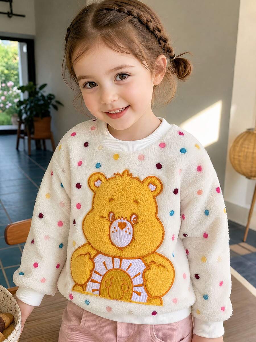 SHEIN X Care Bears 女童休閒公主風彩虹波點毛絨卡通熊貼布繡圓領長袖套頭衛衣 秋季 7 歲生日 - 白色 - 查看 1