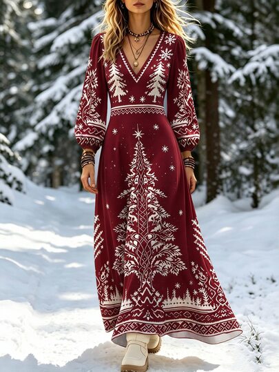 NostaNoir Wine Red Christmas Tree & Snowflake Pattern Plus Size Women's Dress, Autumn/Winter Fashion V-Neck Lantern Long Sleeve A-Line Full Skirt Dress, Suitable For Casual Daily Street Holiday Outfits