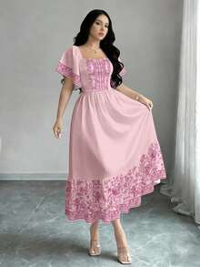 Modelyn Floral Print Fashion Square Neck Cap Sleeve Dress Waist Cinched Midi Dress, Floral Pattern Pink Floral Summer Dress Garden Party Tea Party Cottagecore - Multicolor - View 4