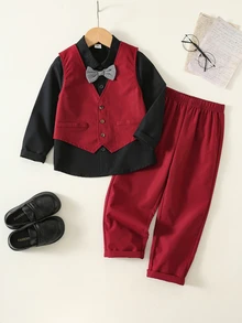 3件組男童紳士套裝 可愛秋冬酒紅色背心 正式長褲西裝褲 領結長袖襯衫 男孩紳士西裝正式套裝 派對套裝 聖誕套裝 新年套裝 - 彩色 - 查看 5
