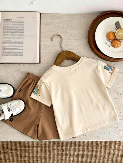 Baby Boy Casual Minimalist Top With Cartoon Pattern, Suitable For Spring And Summer