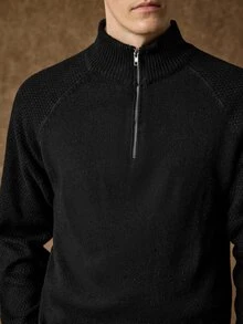 Manfinity Homme 男士插肩袖長袖半拉鍊休閒毛衣，Ins風，華麗派對，街頭成熟，寬鬆版型黑色秋季，正式，老錢風 - 黑色 - 查看 2