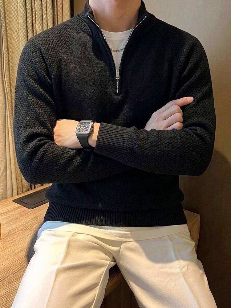 Manfinity Homme Sweater Kasual Pria Lengan Panjang Raglan dengan Resleting Setengah, Gaya , Pesta Glamor, Gaya Jalanan Dewasa, Sweater Longgar Hitam Musim Gugur, Formal, Gaya Klasik - Hitam - View 1