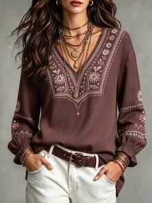 Glimmora Women's V-Neck Floral Print Casual Daily Wear Blouse - Multicolor - View 1