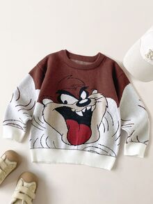 LOONEY TUNES X SHEIN 1件兒童小男孩休閒學院風運動街頭酷感百搭棕色卡通大圖案圓領寬鬆長袖套頭毛衣，適合日常穿著、秋冬室內、運動、攝影、假期、生日、萬聖節、開學季 - 棕色 - 查看 2