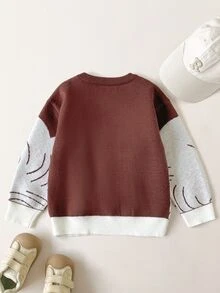 LOONEY TUNES X SHEIN 1件兒童小男孩休閒學院風運動街頭酷感百搭棕色卡通大圖案圓領寬鬆長袖套頭毛衣，適合日常穿著、秋冬室內、運動、攝影、假期、生日、萬聖節、開學季 - 棕色 - 查看 3
