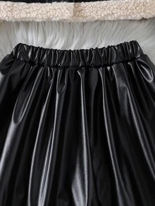 SHEIN 女童優雅通勤風人造毛領PU皮革冬季夾克與裙子兩件套 - 黑色 - 查看 11