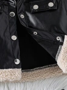 SHEIN 女童優雅通勤風人造毛領PU皮革冬季夾克與裙子兩件套 - 黑色 - 查看 10