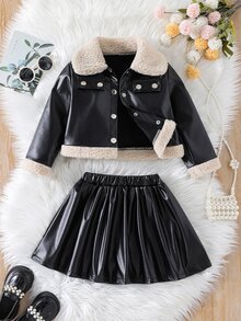 SHEIN 女童優雅通勤風人造毛領PU皮革冬季夾克與裙子兩件套 - 黑色 - 查看 3