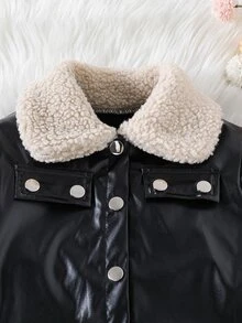 SHEIN 女童優雅通勤風人造毛領PU皮革冬季夾克與裙子兩件套 - 黑色 - 查看 4