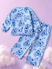 SHEIN X Care Bears 2件組女童休閒百搭藍色卡通圖案圓領寬鬆長袖運動衫與長褲套裝，適合日常穿著，秋季 - 彩色 - 查看 3