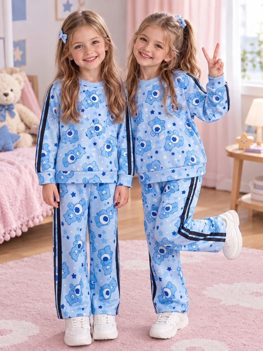 SHEIN X Care Bears 2 Pcs Kids Young Girl Casual Versatile Blue Cartoon Pattern Crew Neck Loose Long Sleeve Sweatshirt And Pants Set Suitable For Daily Wear Fall - Multicolor - View 1