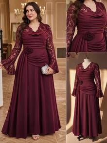 Reflora Plus Size Burgundy High Elasticity Knit Mom Party Wedding Formal Dress Christmas Fall Elegant Romantic - Burgundy - View 1