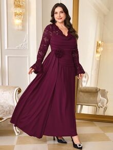 Reflora Plus Size Burgundy High Elasticity Knit Mom Party Wedding Formal Dress Christmas Fall Elegant Romantic - Burgundy - View 3